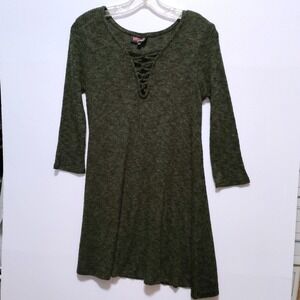 Poof! Olive Green Ribbed‎ Knit Lace Up V-Neck Fairy Mini Dress - Medium